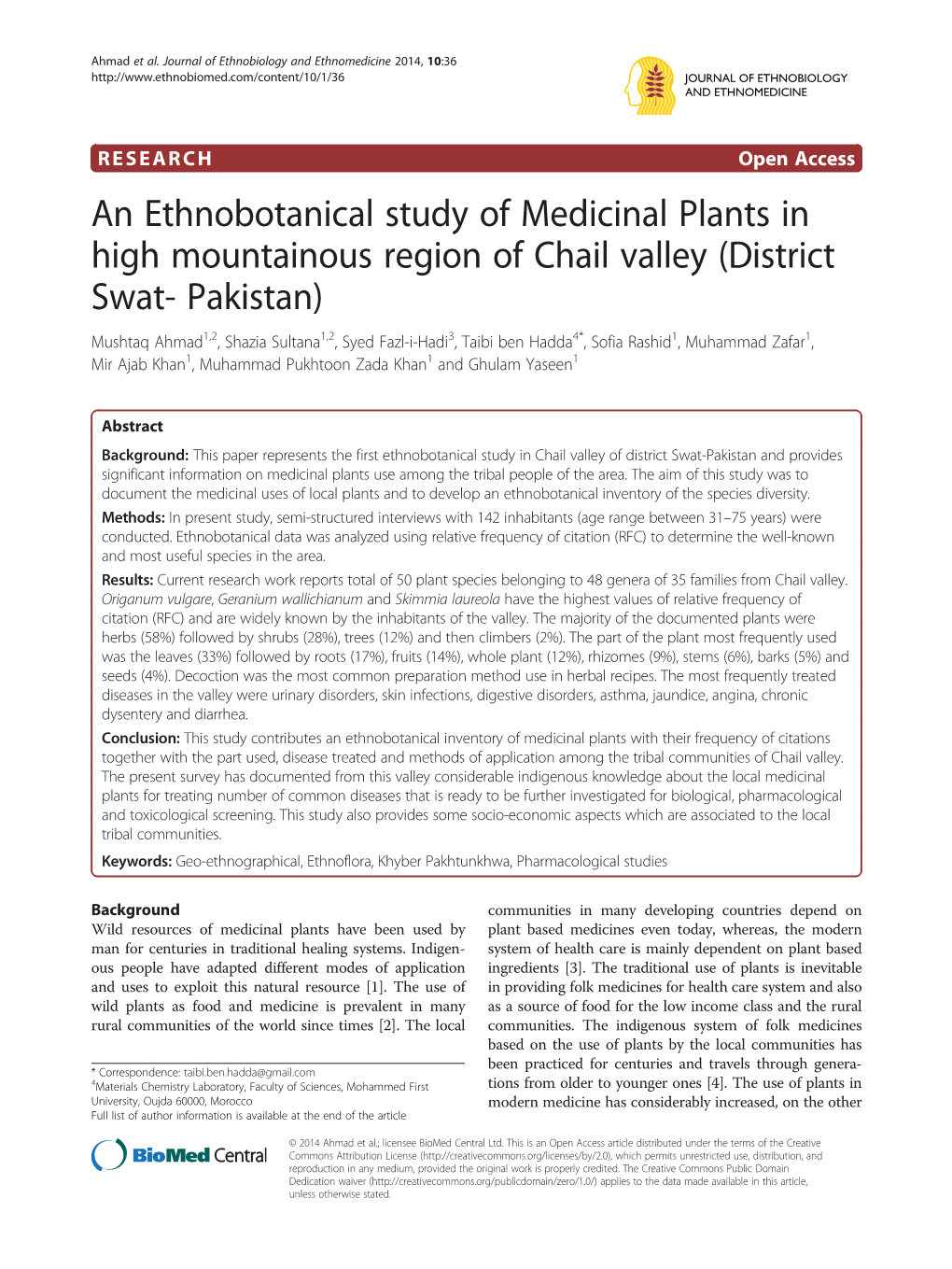 An Ethnobotanical Study of Medicinal Plants in High Mountainous Region