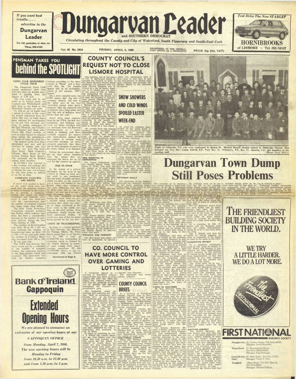 Dungarvan Leader and SOUTHERN DEMOCRAT Circulating Throughout the County and City of Waterford, South Tipperary and South-East Cork for Full Particulars of Rates, Etc