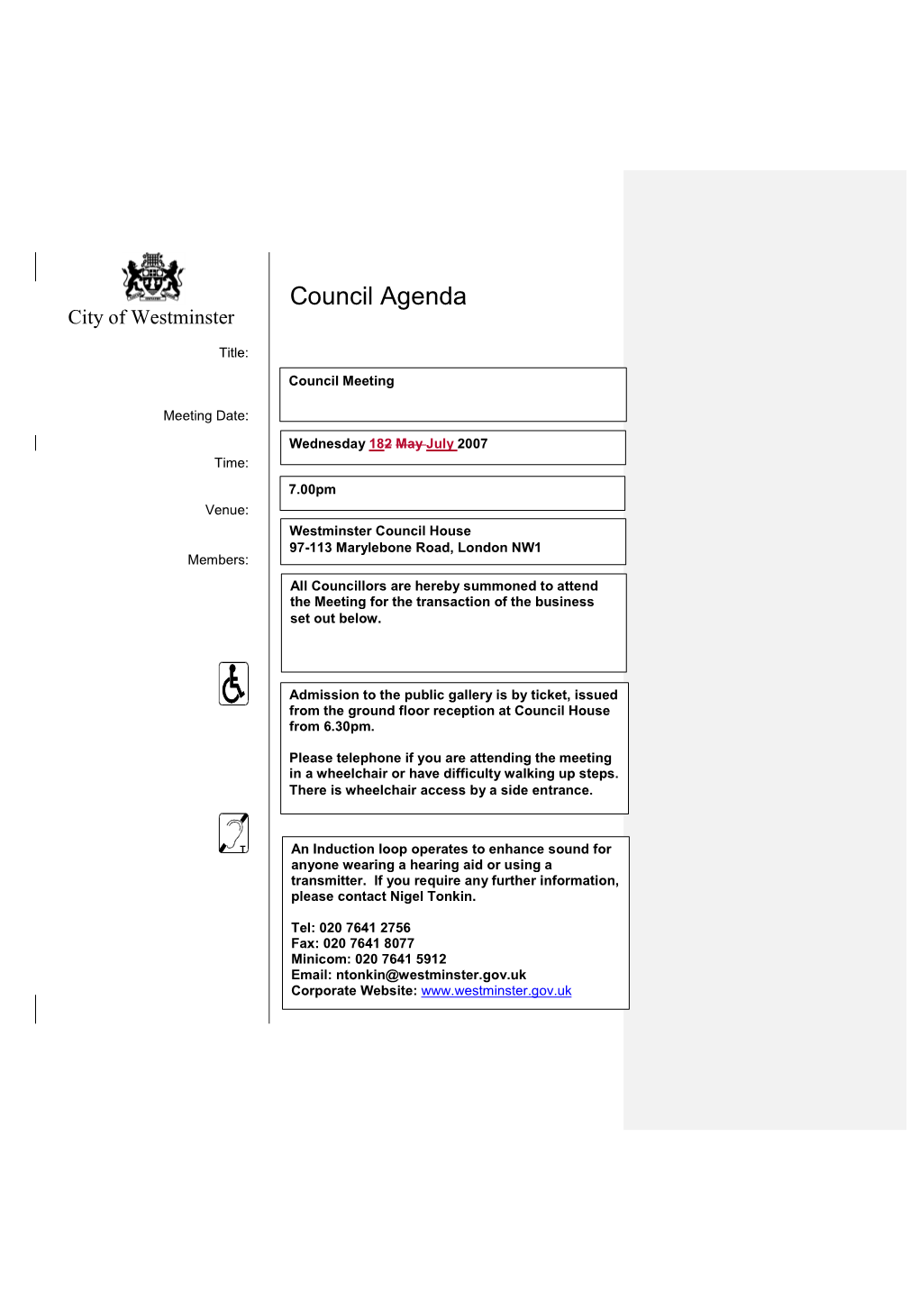 Council Agenda City of Westminster