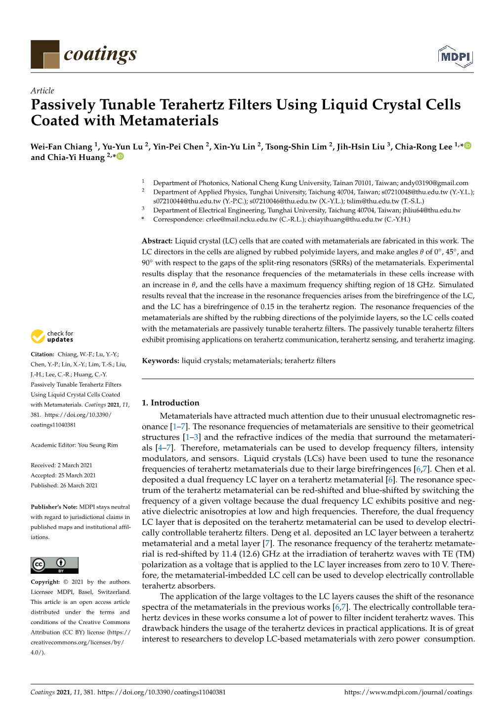 Passively Tunable Terahertz Filters Using Liquid Crystal Cells Coated with Metamaterials