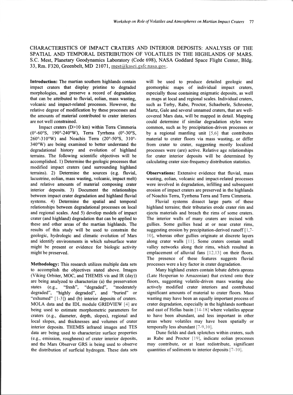 Characteristics of Impact Craters and Interior Deposits: Analysis of the Spatial and Temporal Distribution of Volatiles in the Highlands of Mars