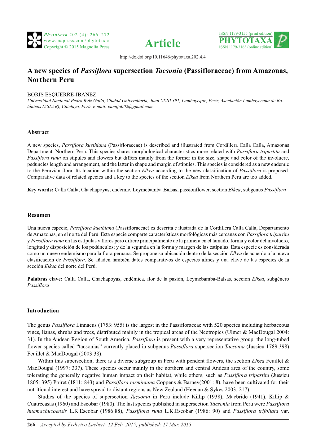 A New Species of Passiflora Supersection Tacsonia (Passifloraceae) from Amazonas, Northern Peru