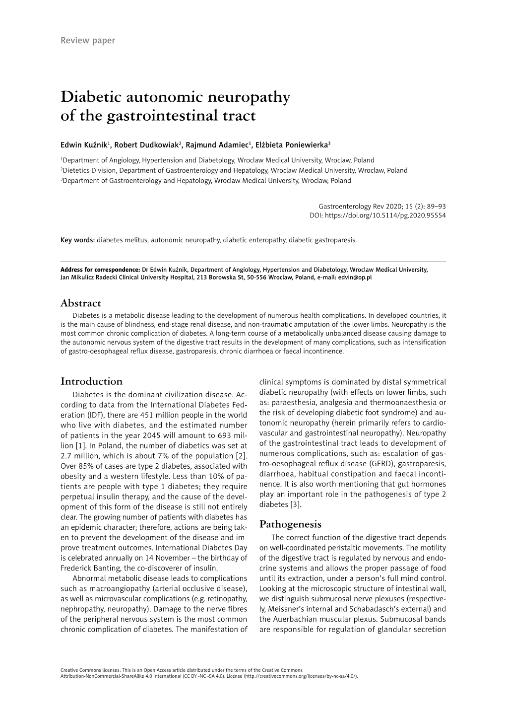 Diabetic Autonomic Neuropathy of the Gastrointestinal Tract