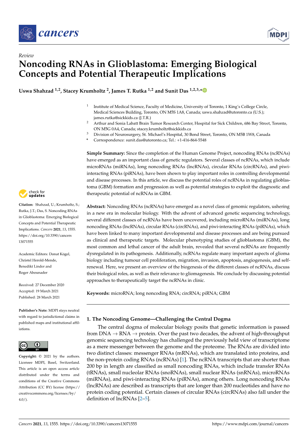 Noncoding Rnas in Glioblastoma: Emerging Biological Concepts and Potential Therapeutic Implications