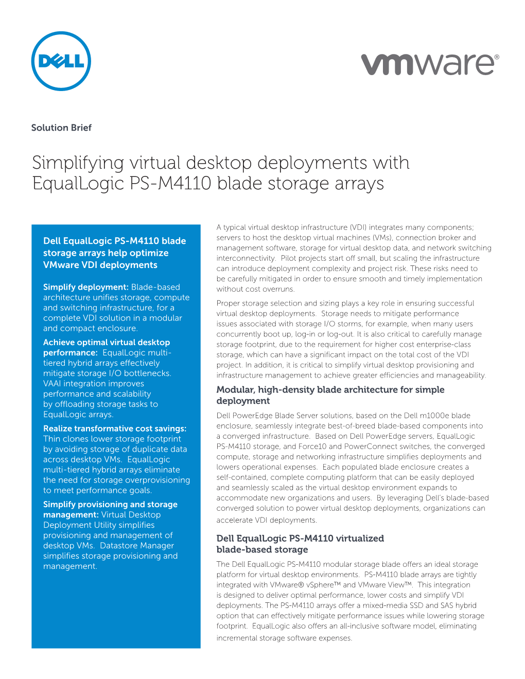 Simplifying Virtual Desktop Deployments with Equallogic PS-M4110 Blade Storage Arrays