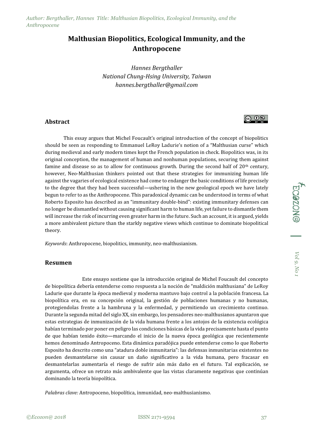 Malthusian Biopolitics, Ecological Immunity, and the Anthropocene Malthusian Biopolitics, Ecological Immunity, and the Anthropocene