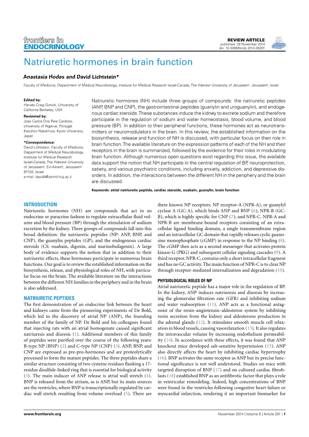 Natriuretic Hormones in Brain Function