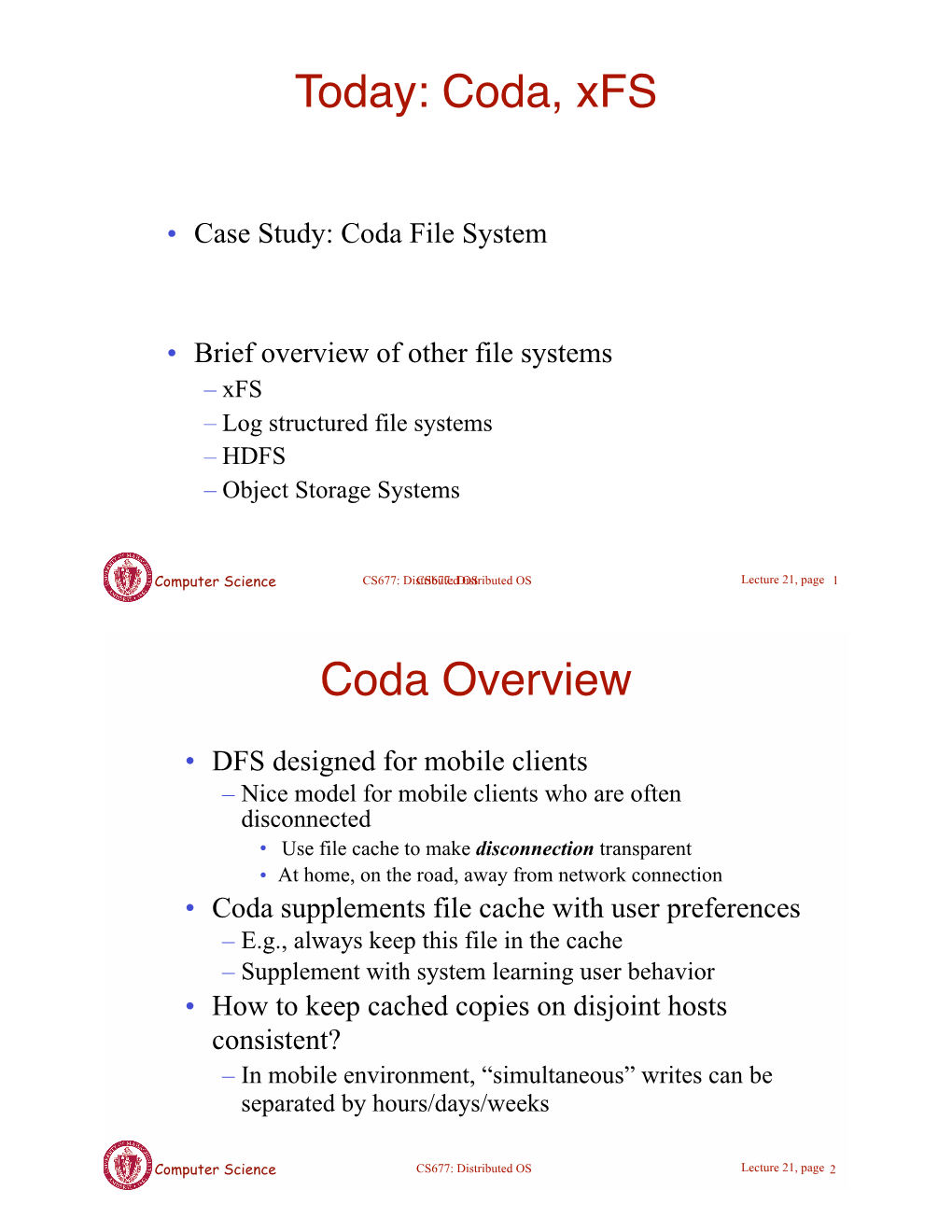 Coda, Xfs, HDFS