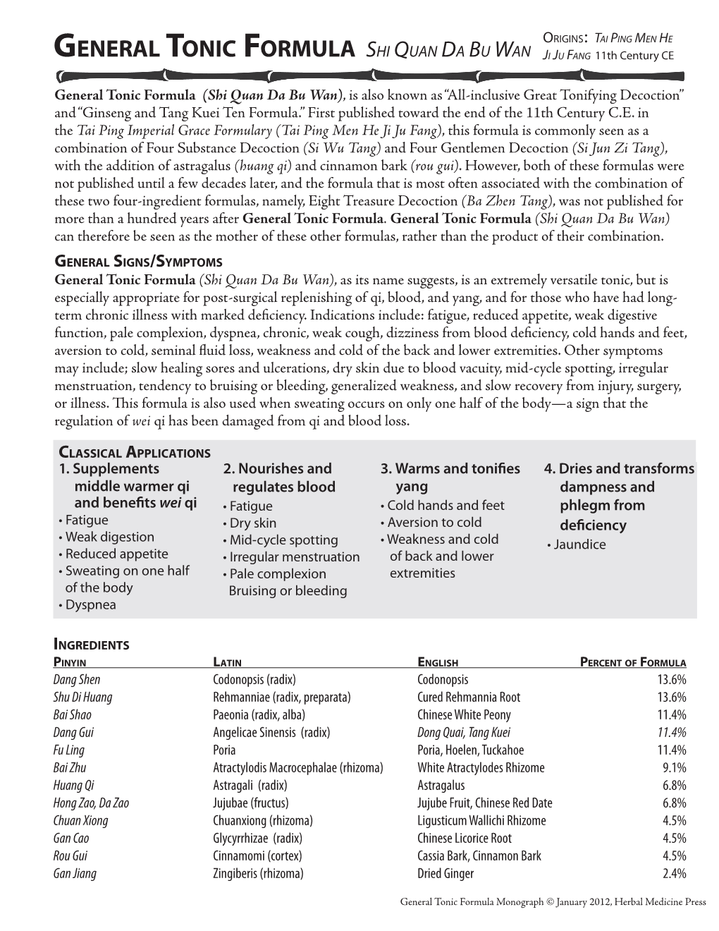 General Tonic Formula Shi Quan Da Bu Wan Ji Ju Fang 11Th Century CE