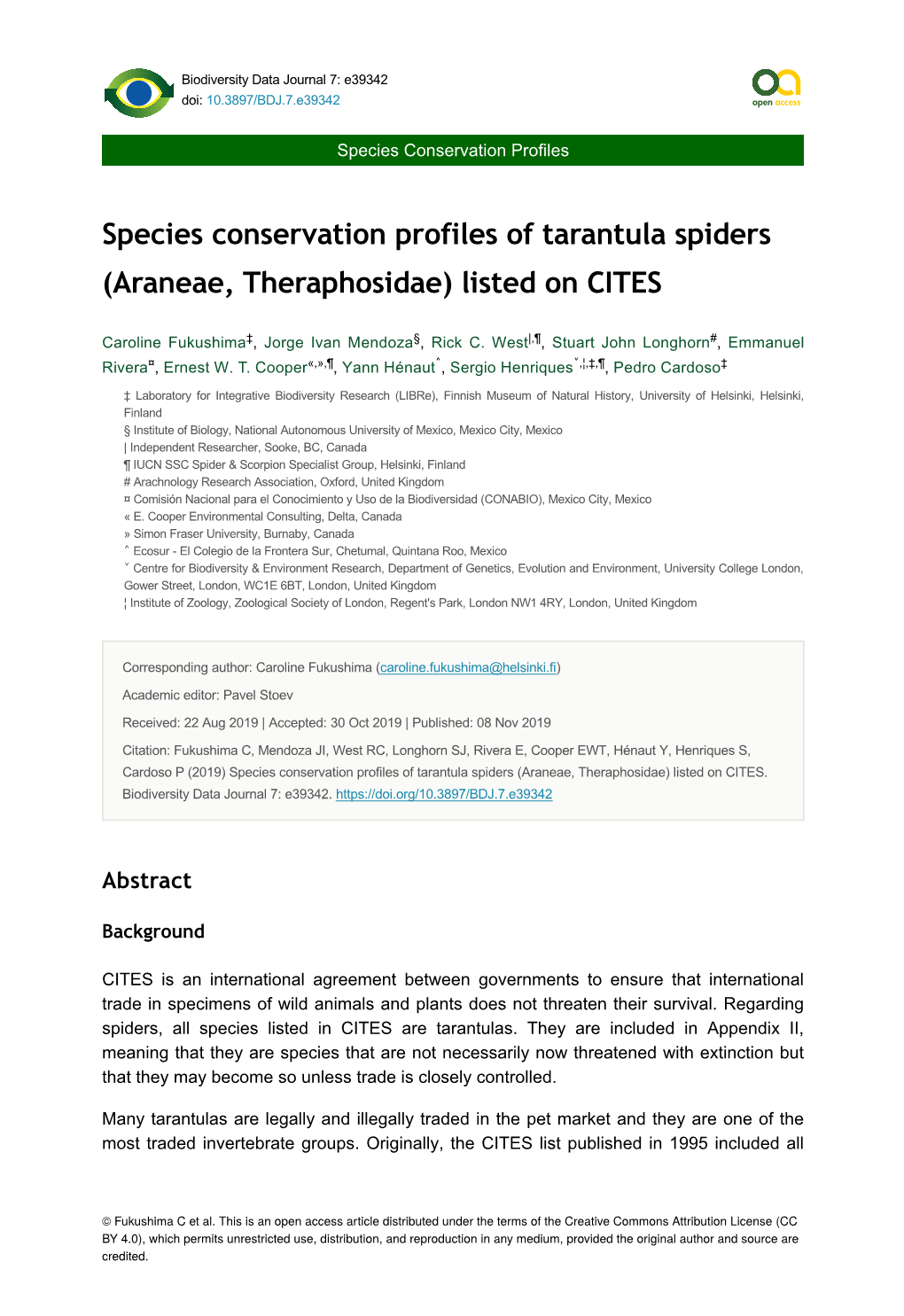 Species Conservation Profiles of Tarantula Spiders (Araneae, Theraphosidae) Listed on CITES