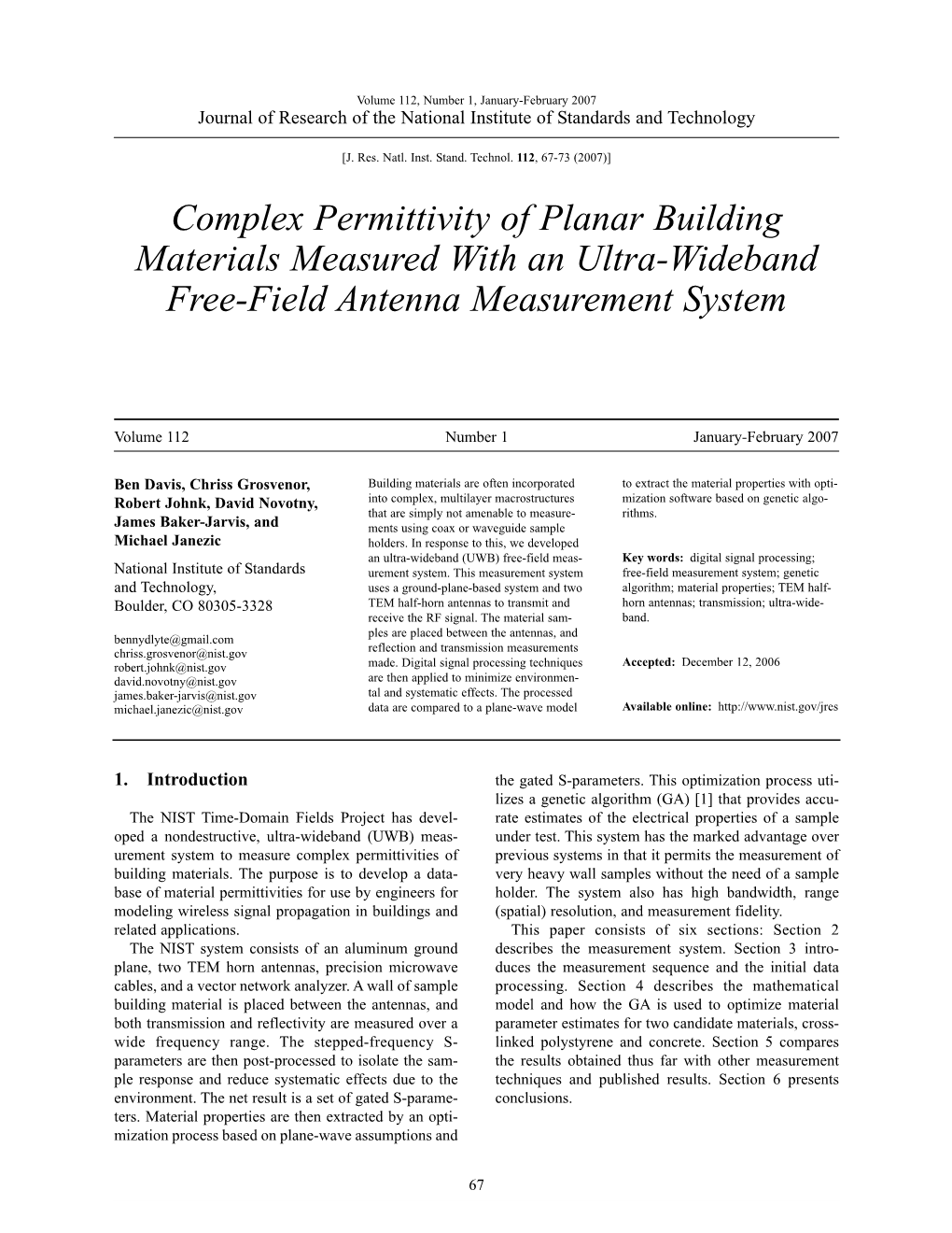 Complex Permittivity of Planar Building Materials Measured with an Ultra-Wideband Free-Field Antenna Measurement System