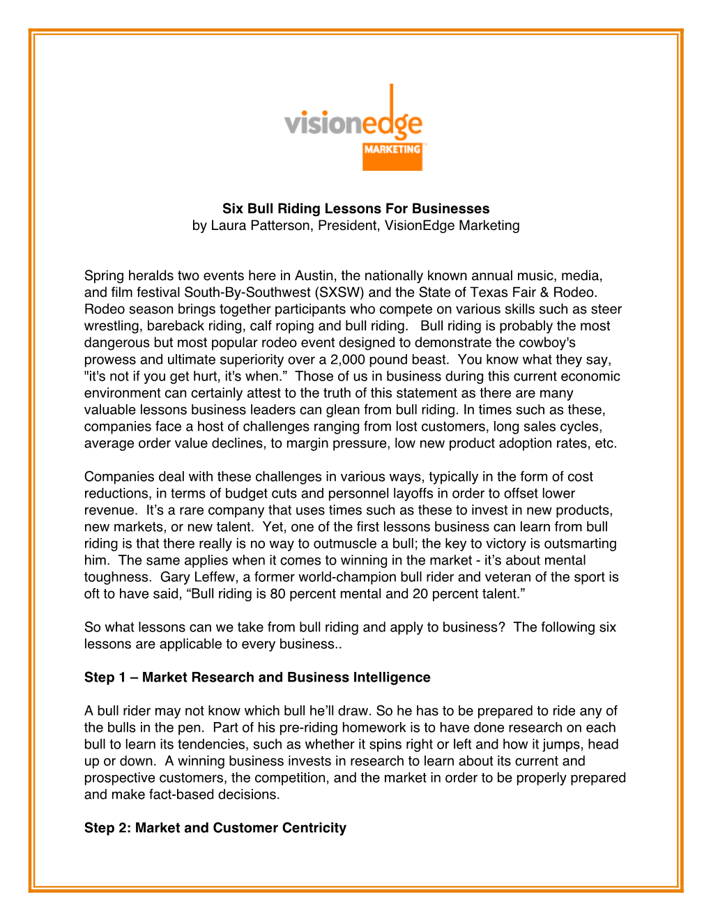 Six Bull Riding Lessons for Businesses by Laura Patterson, President, Visionedge Marketing