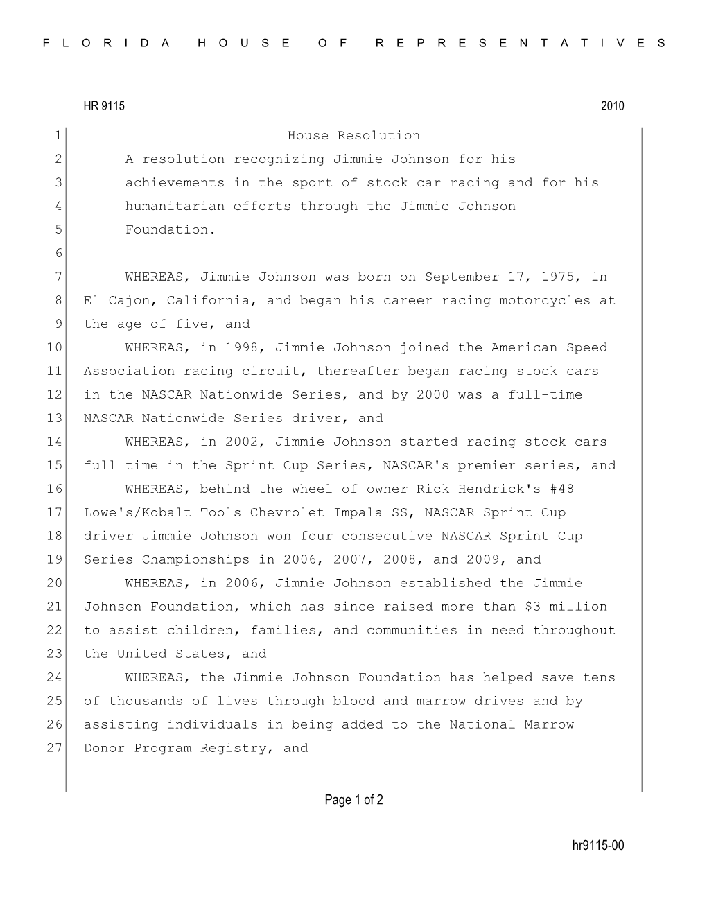 Hr9115-00 Page 1 of 2 House Resolution 1 A