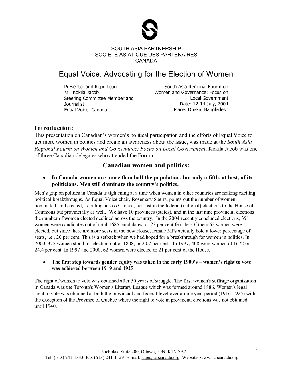 Equal Voice: Advocating for the Election of Women