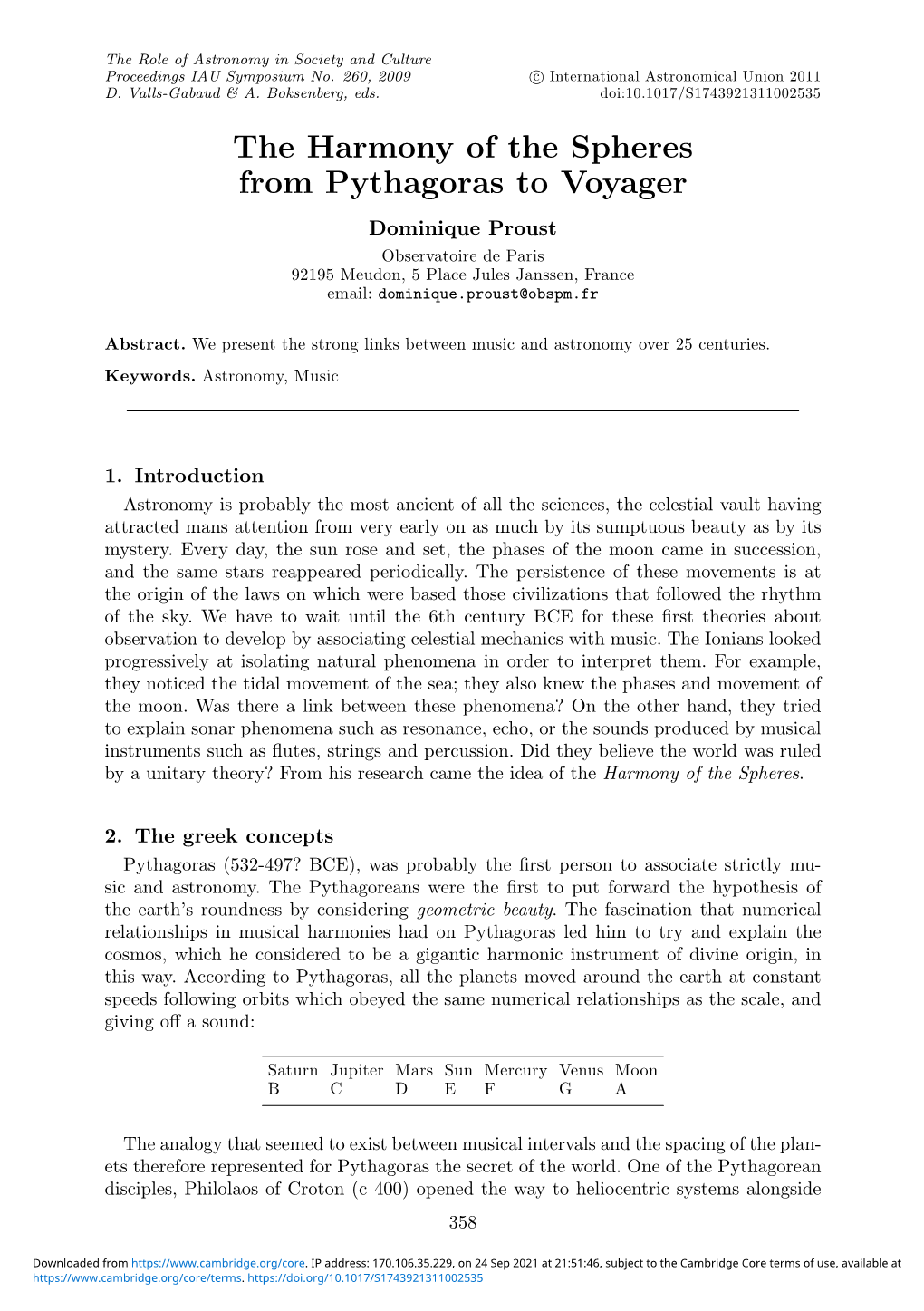 The Harmony of the Spheres from Pythagoras to Voyager