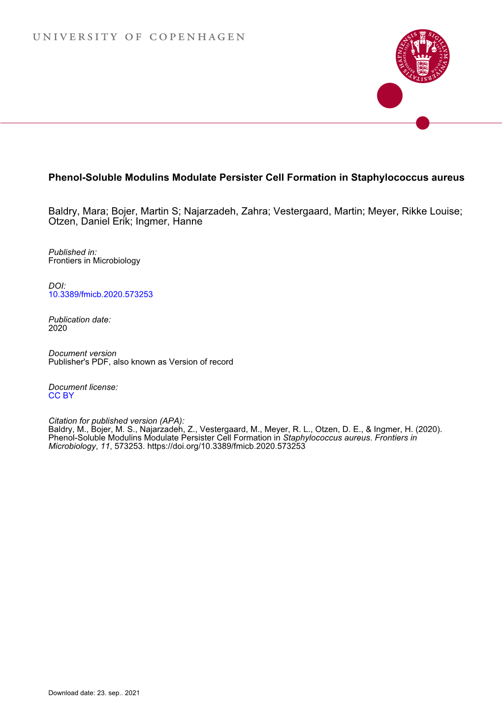 Phenol-Soluble Modulins Modulate Persister Cell ﻿﻿Formation In