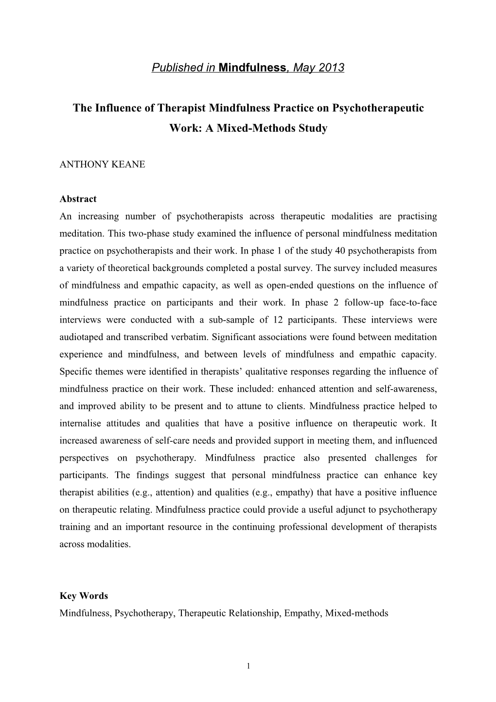 The Influence of Therapist Mindfulness Practice on Psychotherapeutic Work: a Mixed-Methods