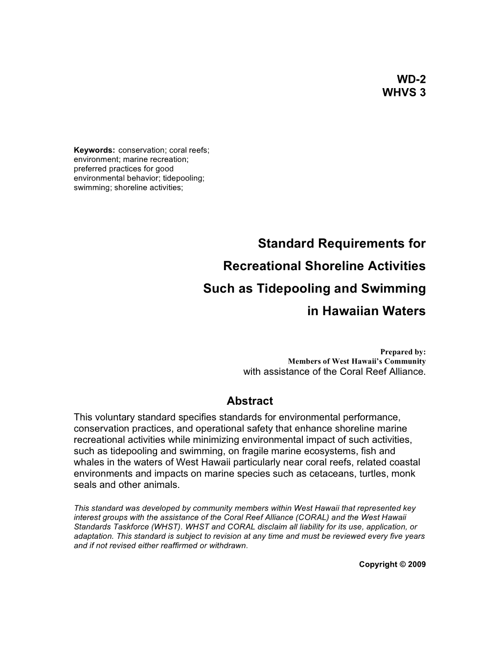 Standard Requirements for Recreational Shoreline Activities Such As Tidepooling and Swimming in Hawaiian Waters