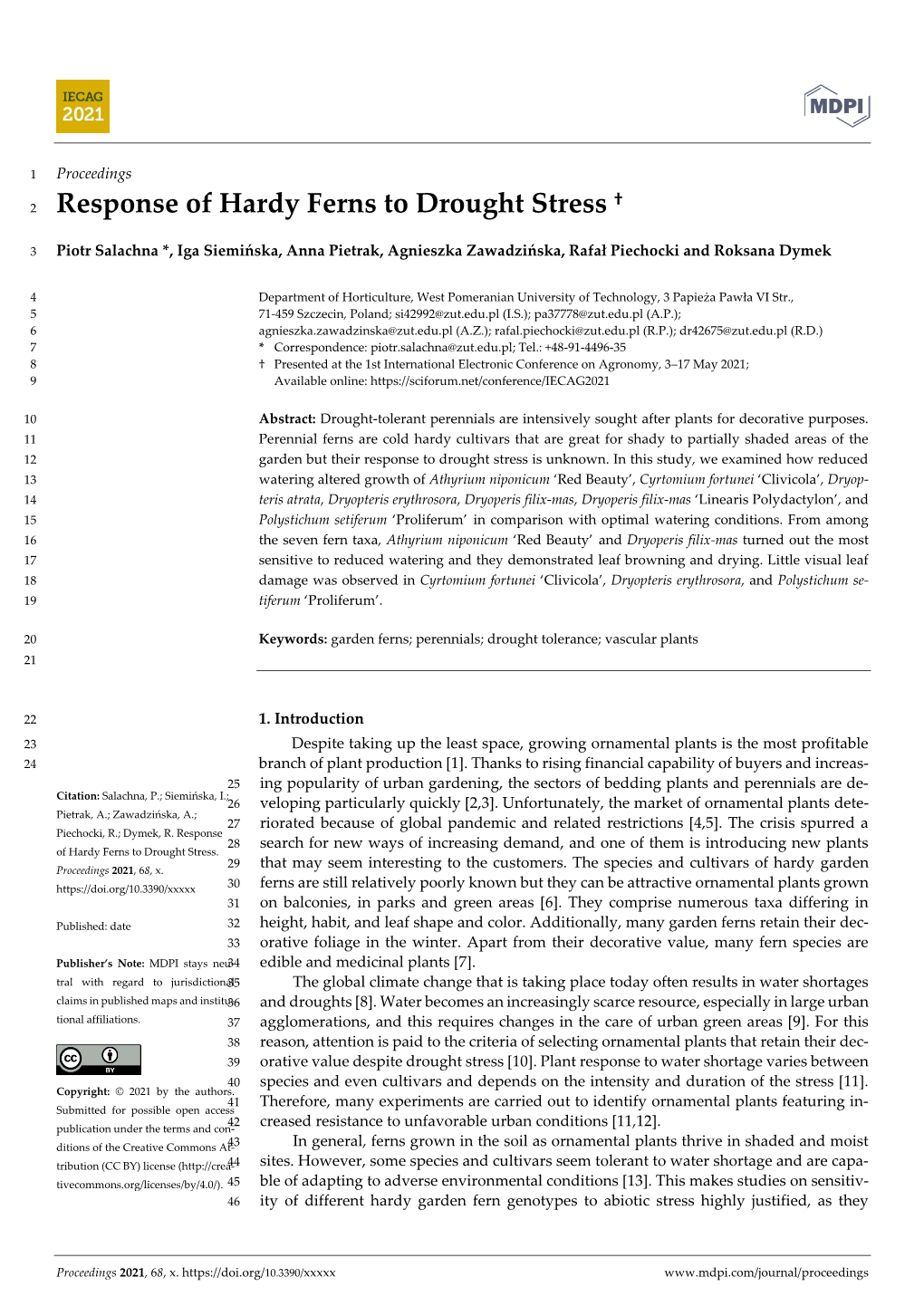 Proceedings Response of Hardy Ferns to Drought Stress