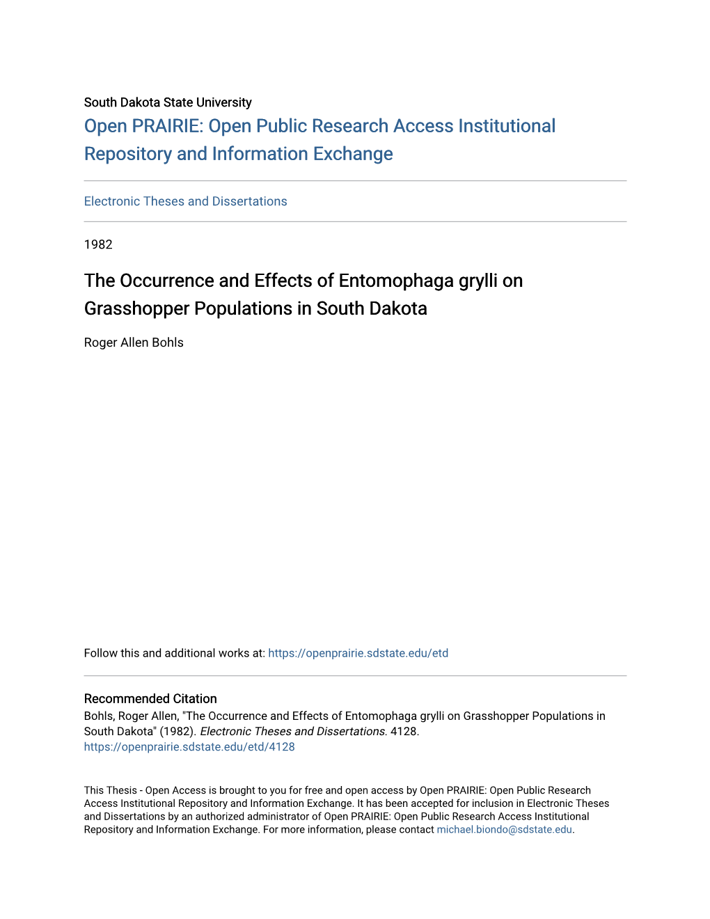 The Occurrence and Effects of Entomophaga Grylli on Grasshopper Populations in South Dakota