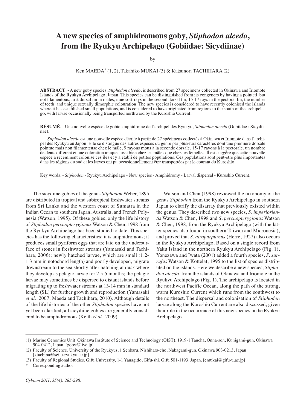 A New Species of Amphidromous Goby, Stiphodon Alcedo, from the Ryukyu Archipelago (Gobiidae: Sicydiinae)