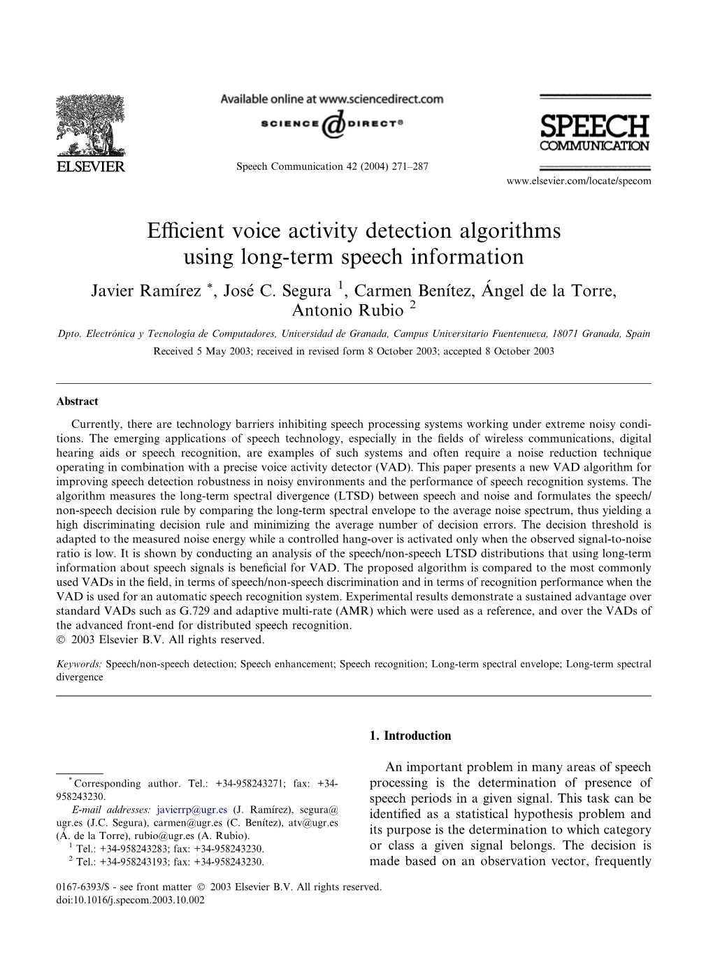 Efficient Voice Activity Detection Algorithms Using Long-Term Speech