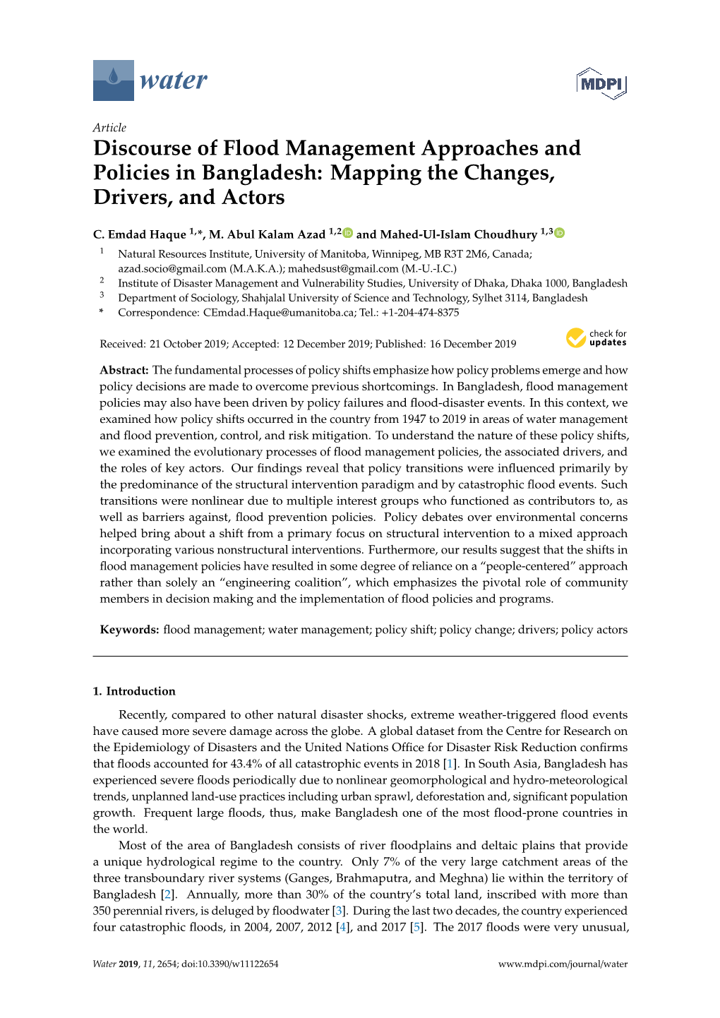 Discourse of Flood Management Approaches and Policies in Bangladesh: Mapping the Changes, Drivers, and Actors