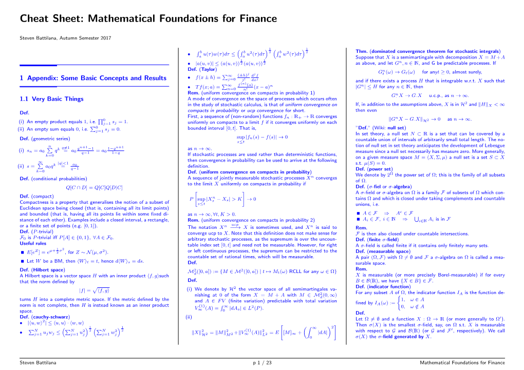 Cheat Sheet: Mathematical Foundations for Finance