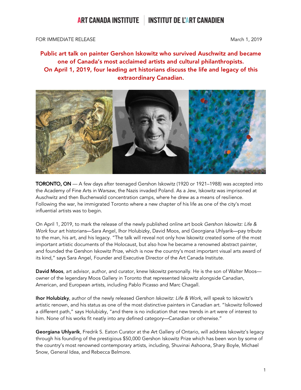 Public Art Talk on Painter Gershon Iskowitz Who Survived Auschwitz and Became One of Canada’S Most Acclaimed Artists and Cultural Philanthropists