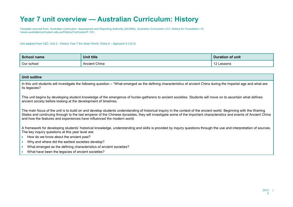 Year 7 Unit Overview Australian Curriculum: History