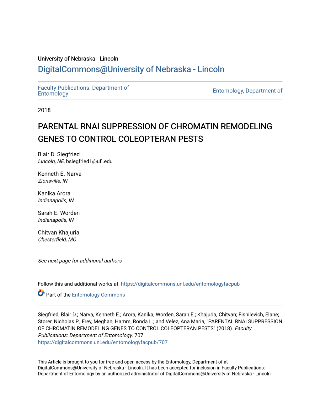 Parental Rnai Suppression of Chromatin Remodeling Genes to Control Coleopteran Pests