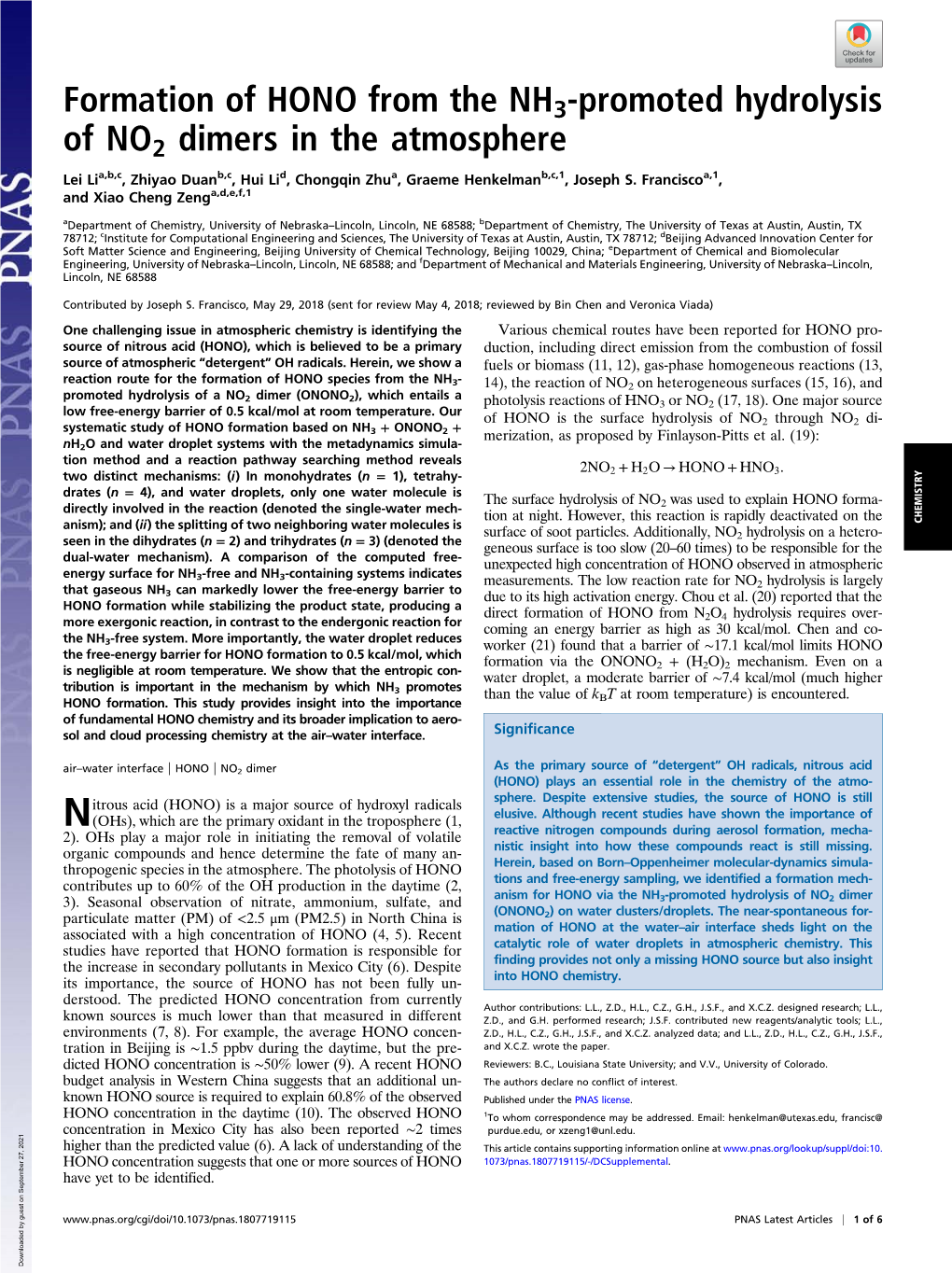 Formation of HONO from the NH3-Promoted Hydrolysis of NO2 Dimers in the Atmosphere