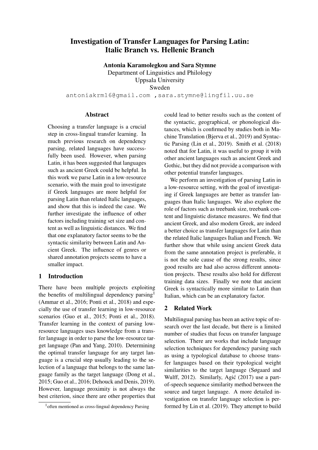 Investigation of Transfer Languages for Parsing Latin: Italic Branch Vs