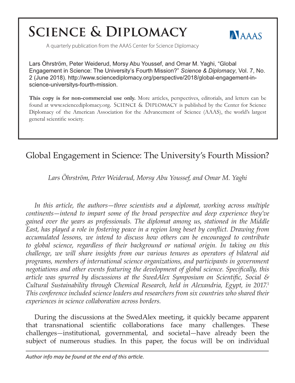 Global Engagement in Science: the University’S Fourth Mission?” Science & Diplomacy, Vol