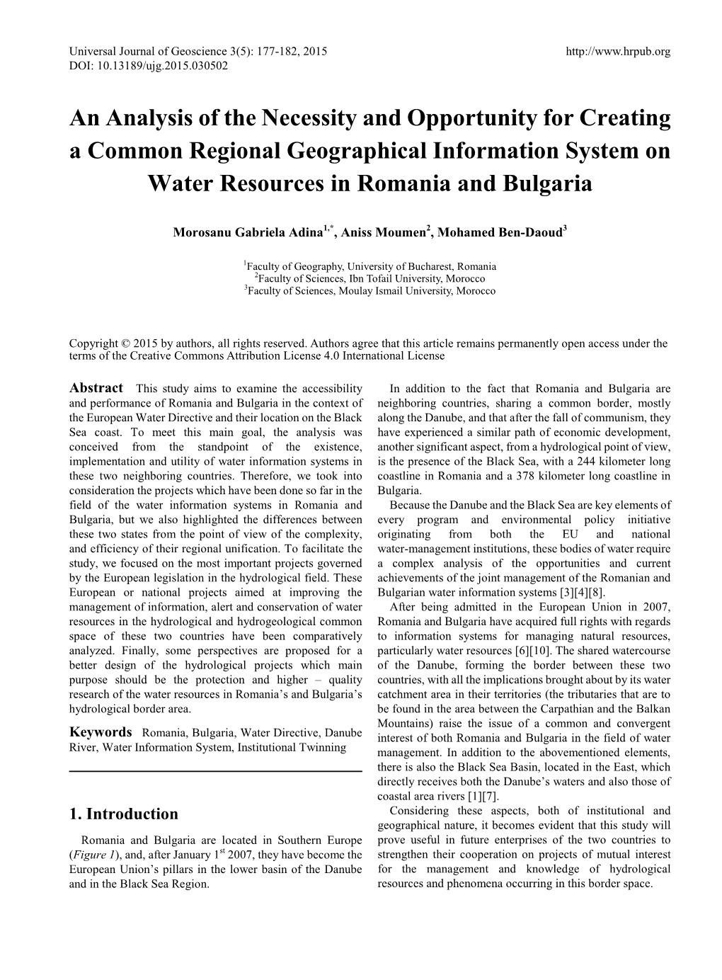 An Analysis of the Necessity and Opportunity for Creating a Common Regional Geographical Information System on Water Resources in Romania and Bulgaria