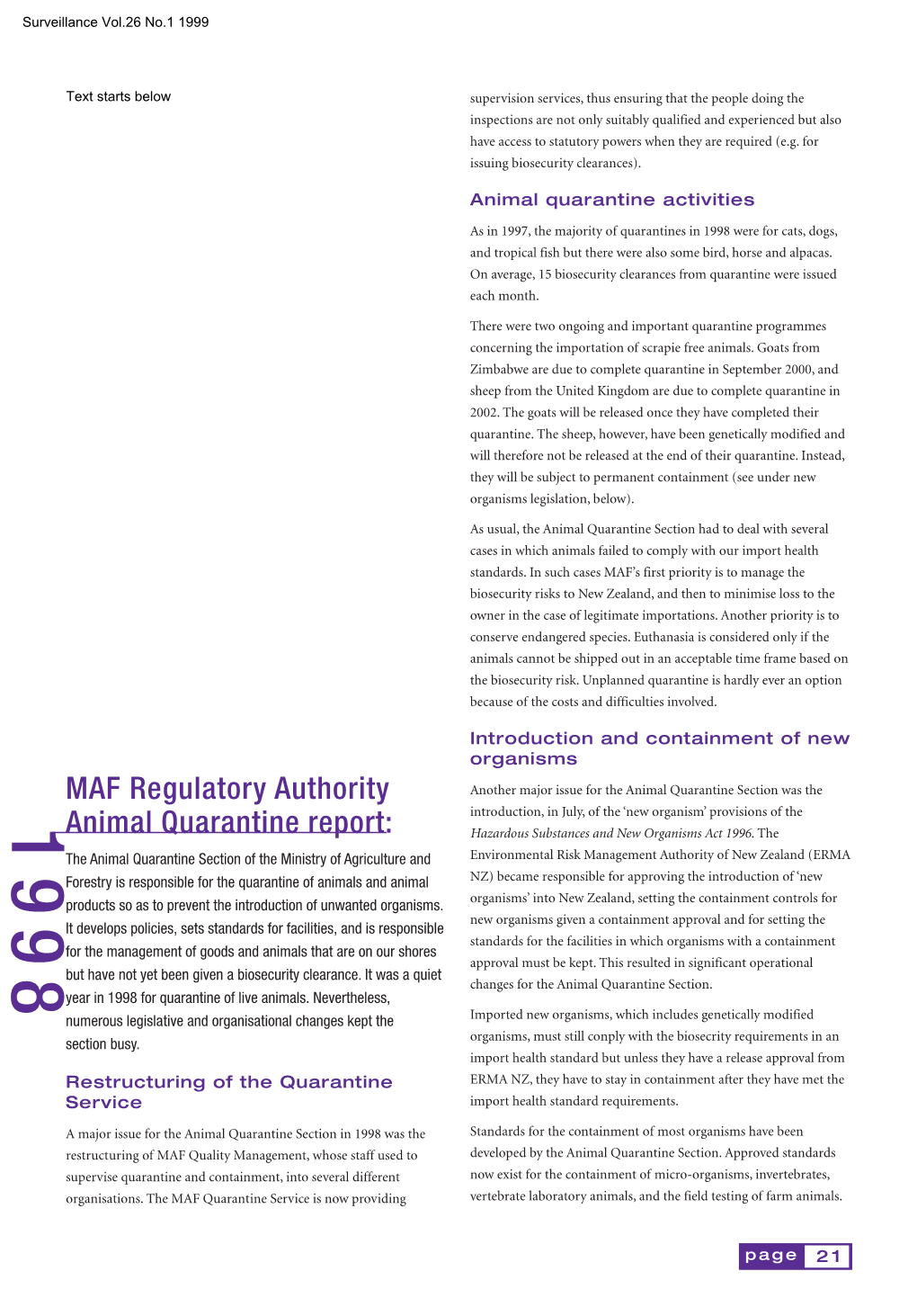 MAF Regulatory Authority Animal Quarantine Report