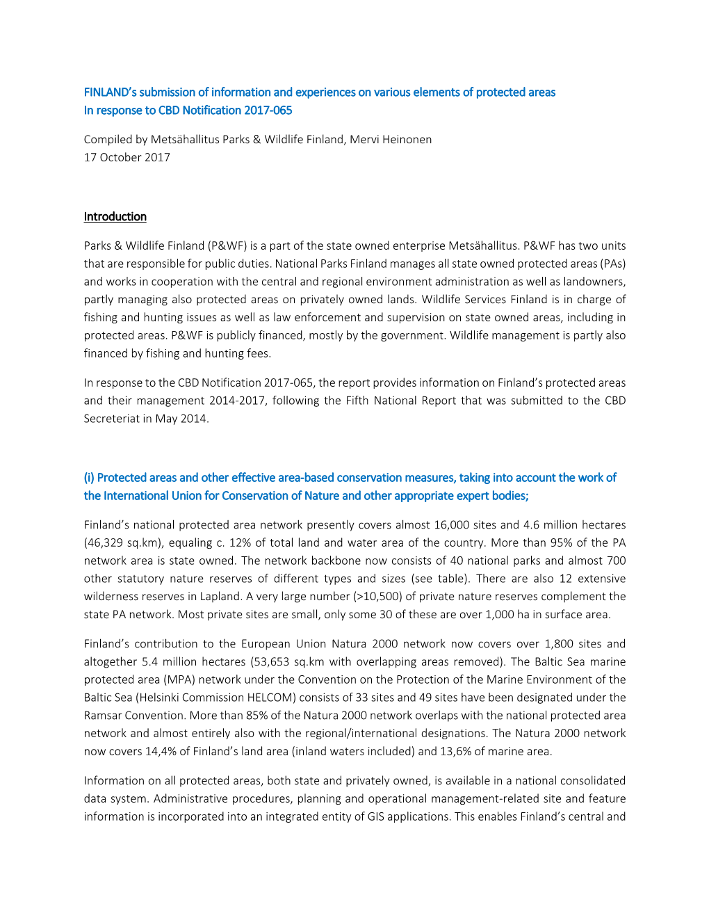 FINLAND’S Submission of Information and Experiences on Various Elements of Protected Areas in Response to CBD Notification 2017 -065