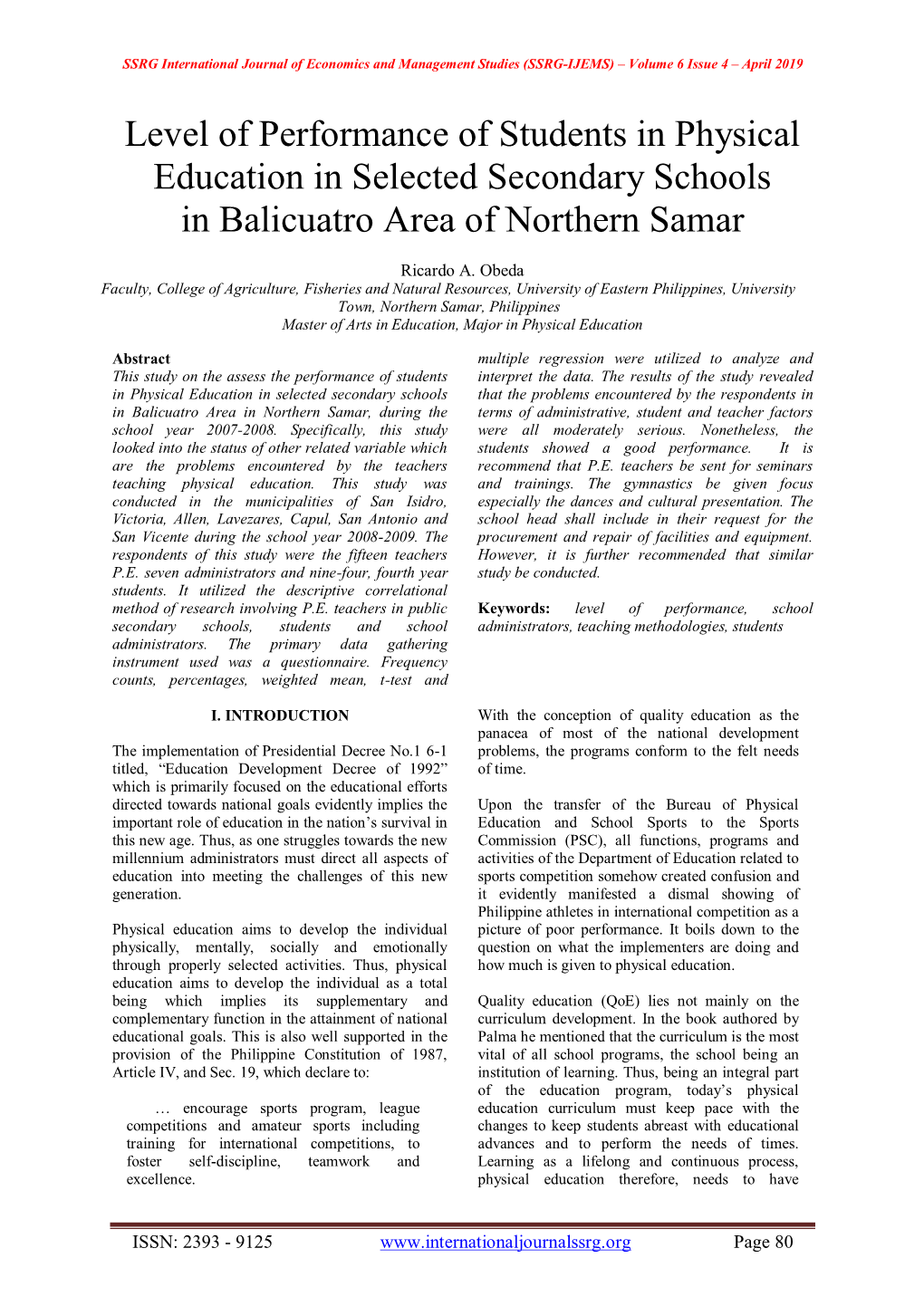 Level of Performance of Students in Physical Education in Selected Secondary Schools in Balicuatro Area of Northern Samar