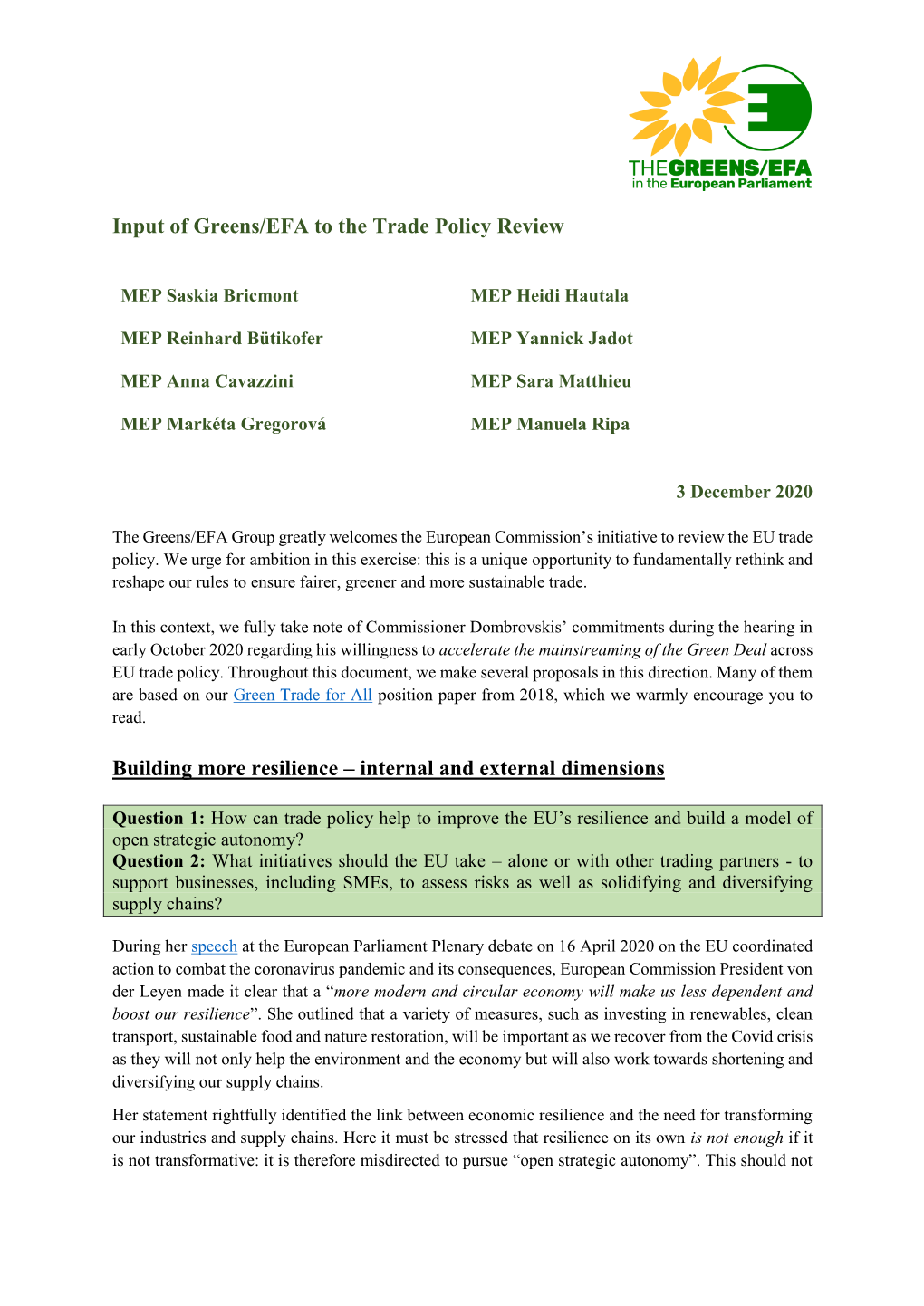 Input of Greens/EFA to the Trade Policy Review Building