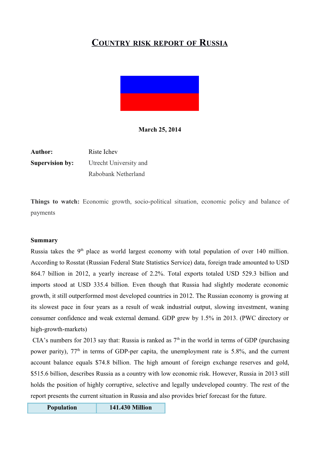 Country Risk Report of Russia