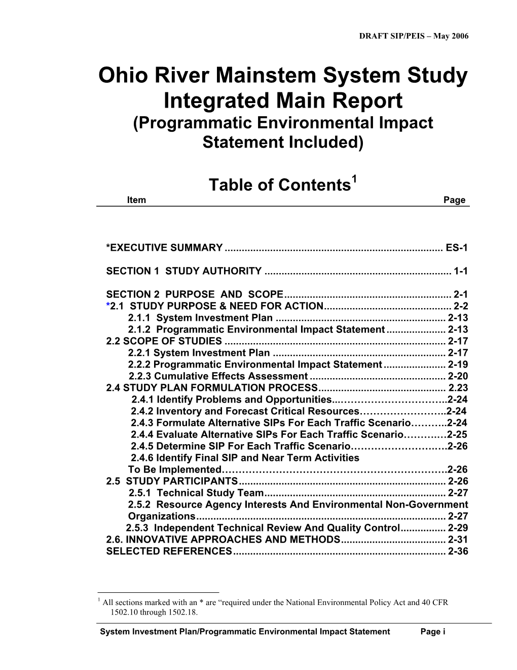 Ohio River Mainstem System Study Integrated Main Report (Programmatic Environmental Impact Statement Included)