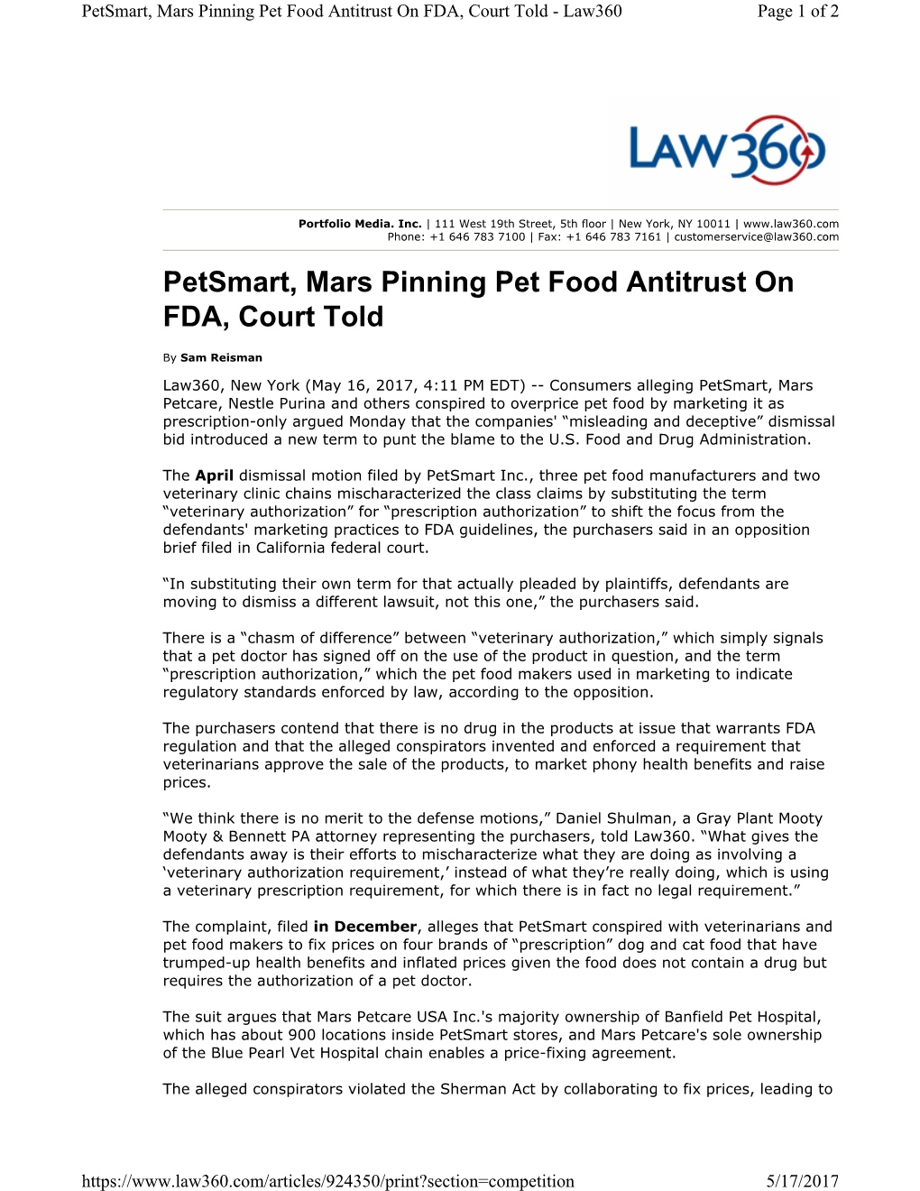 Petsmart, Mars Pinning Pet Food Antitrust on FDA, Court Told - Law360 Page 1 of 2