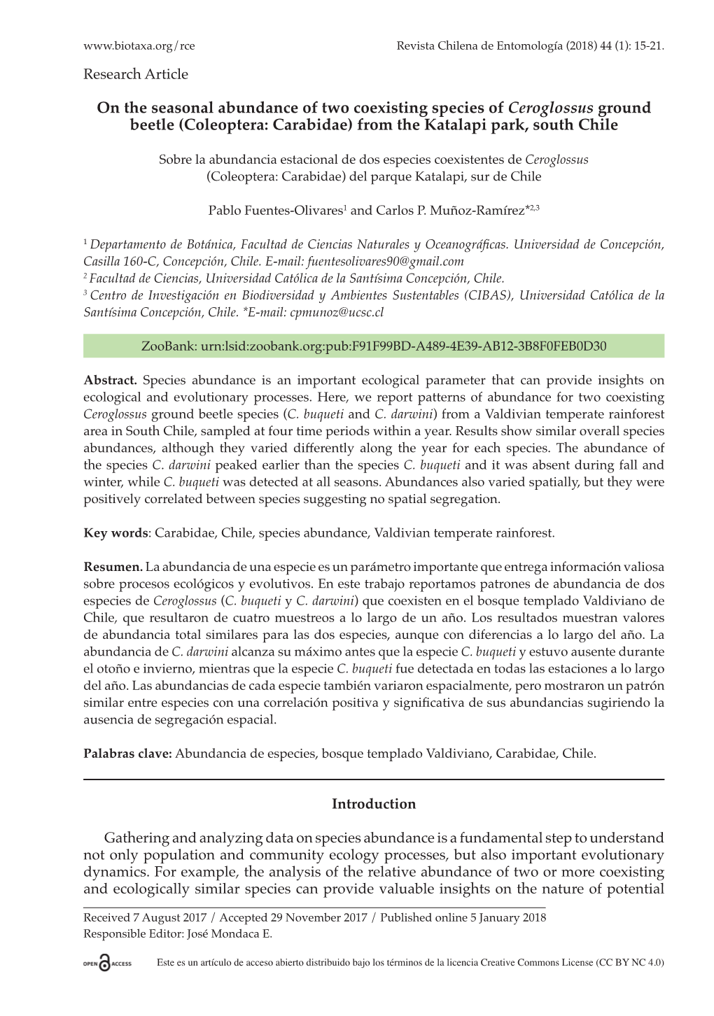 On the Seasonal Abundance of Two Coexisting Species of Ceroglossus Ground Beetle (Coleoptera: Carabidae) from the Katalapi Park, South Chile