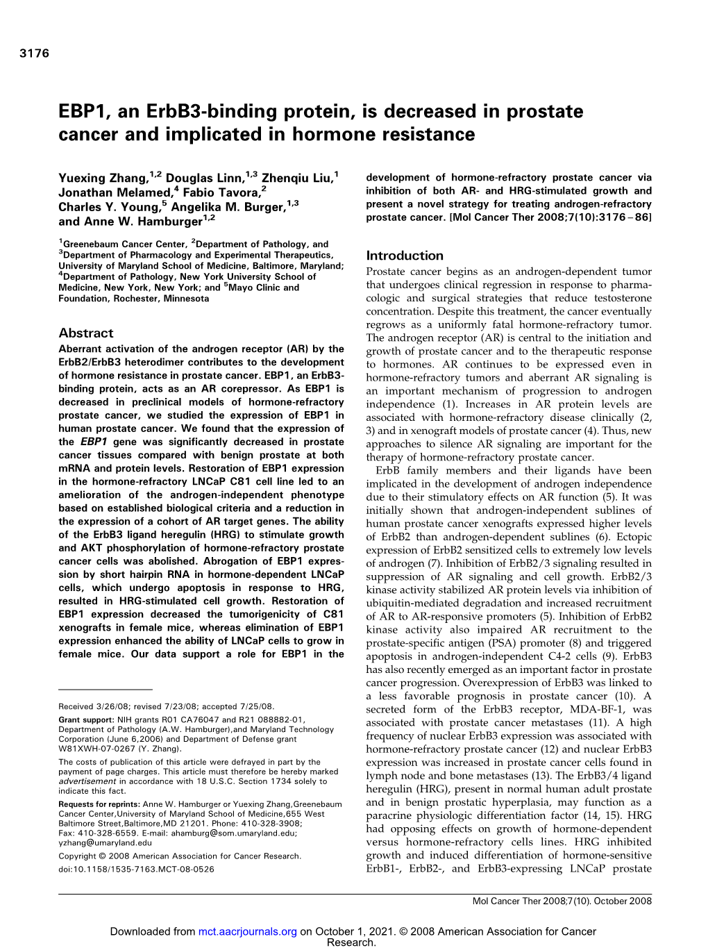 EBP1, an Erbb3-Binding Protein, Is Decreased in Prostate Cancer and Implicated in Hormone Resistance