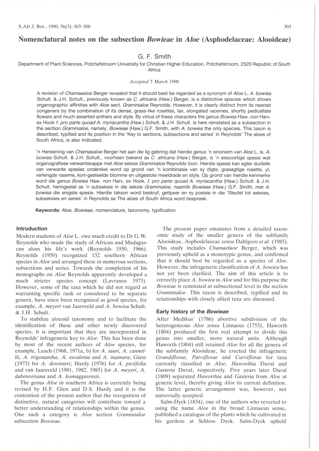 Ṅomenclatural Notes on the Subsection Bowieae in Aloe