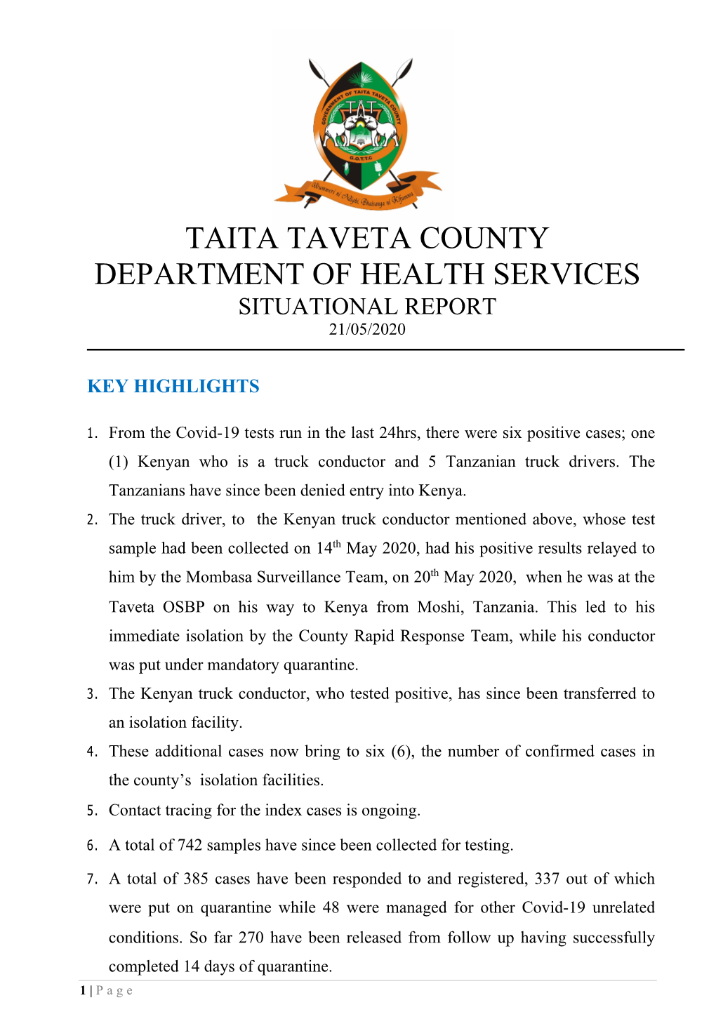 Taita Taveta County Department of Health Services Situational Report 21/05/2020
