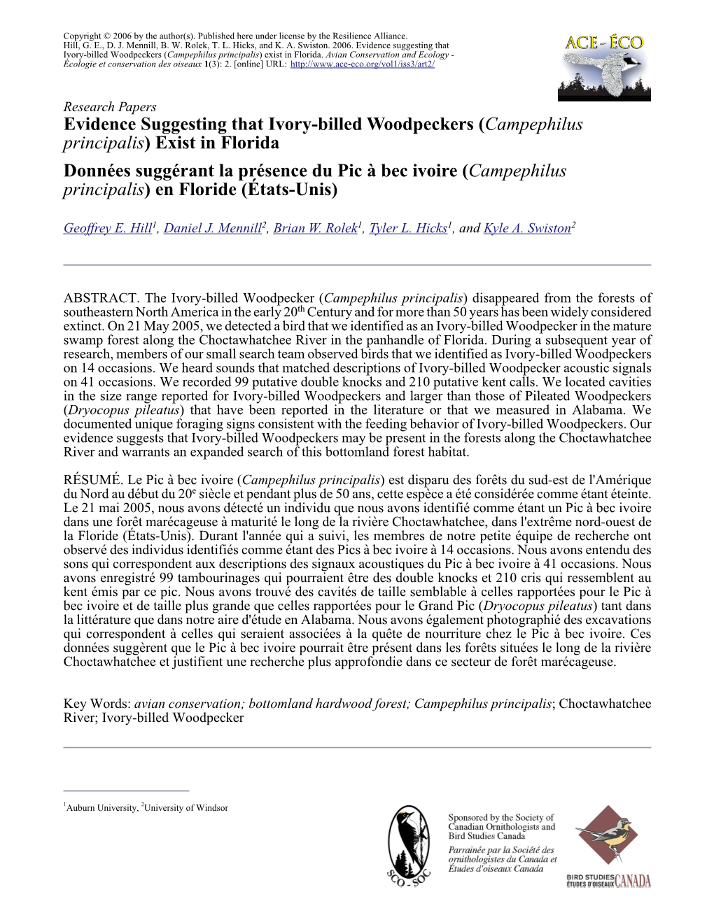 Evidence Suggesting That Ivory-Billed Woodpeckers (&lt;I&gt;Campephilus