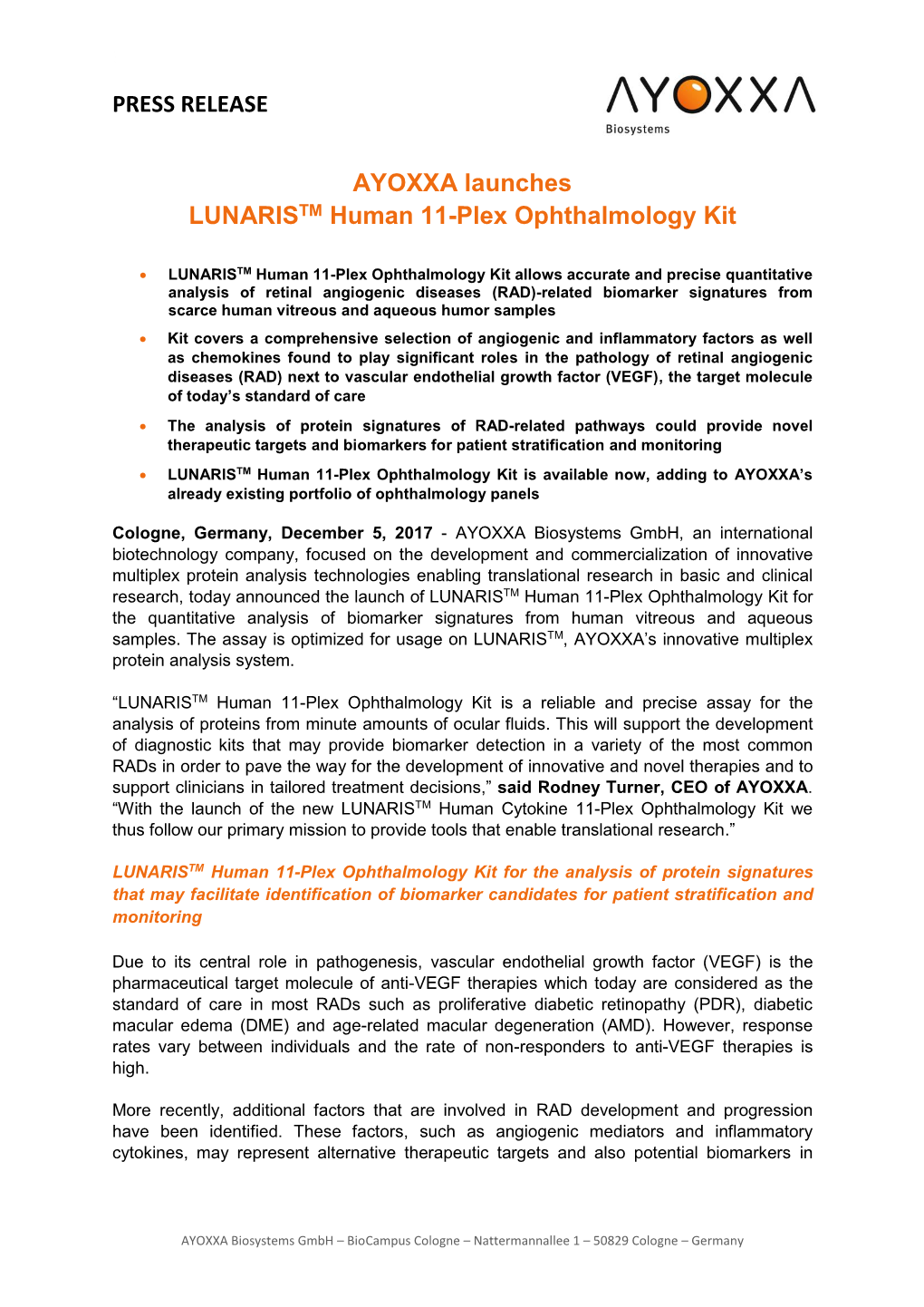 LUNARIS Ophthalmology Press Release EN