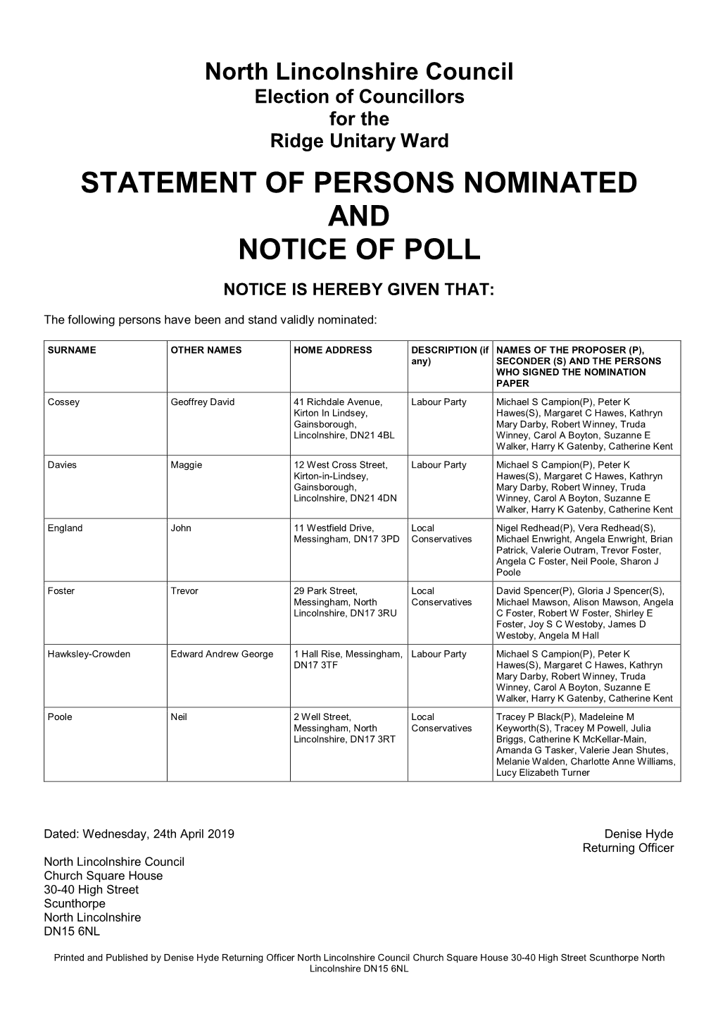 Statement of Persons Nominated and Notice of Poll