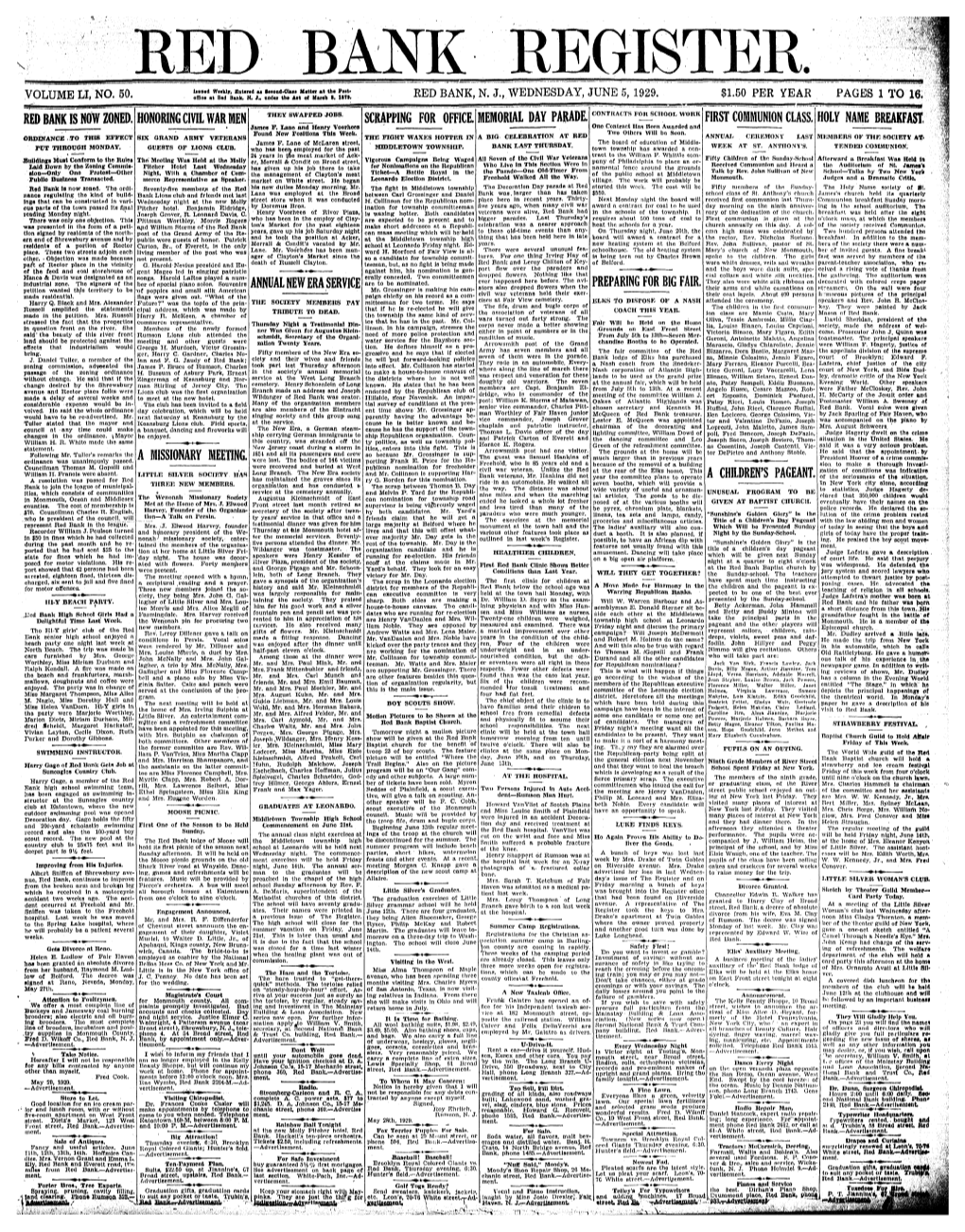 Red Bank Is Now Zoned. Honoring Civil War Men a Missionartfeeting. Annual New Era Service Scrapping for Office Memorial Day Para